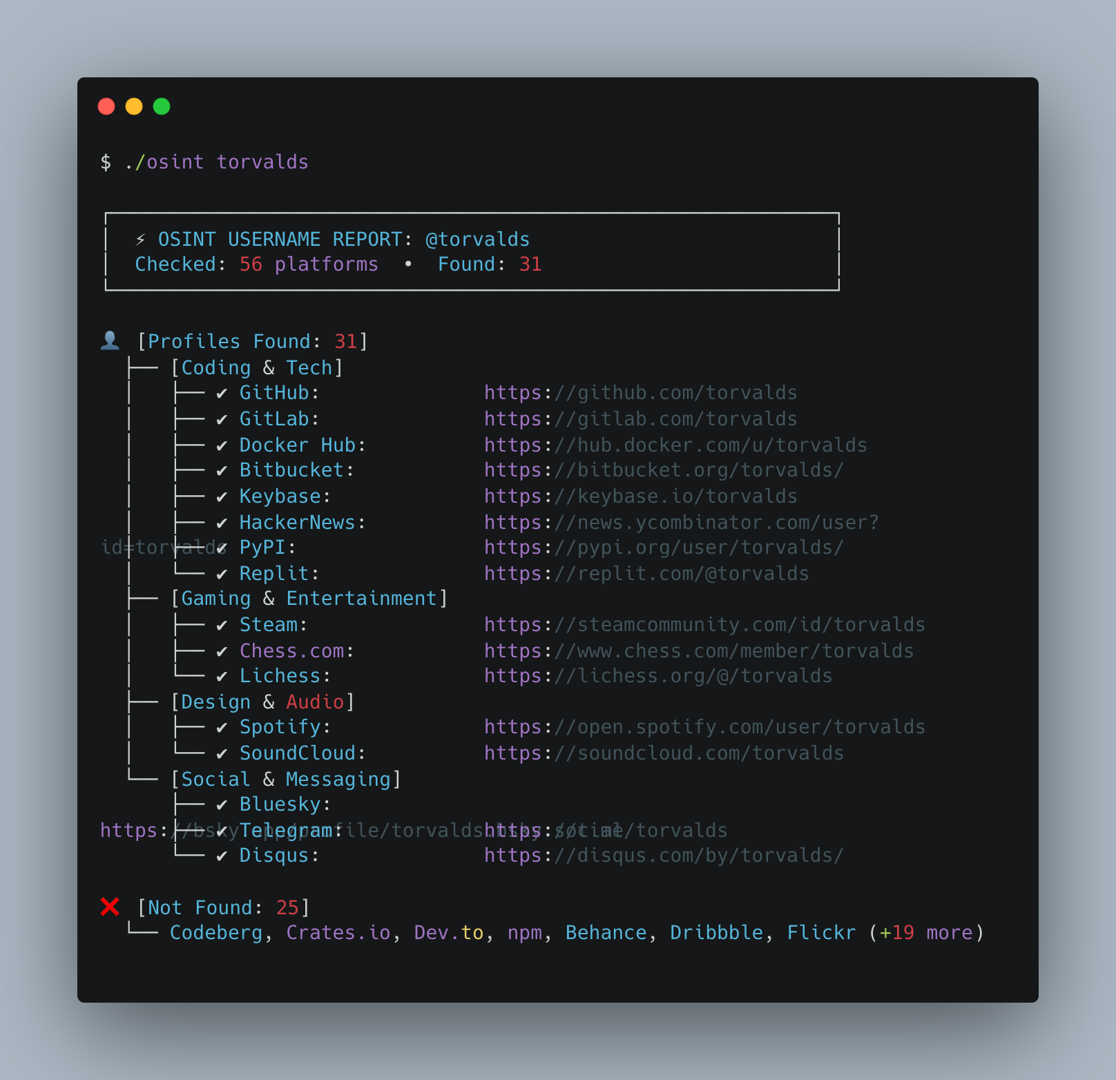 Username Reconnaissance Demo across 56+ Platforms